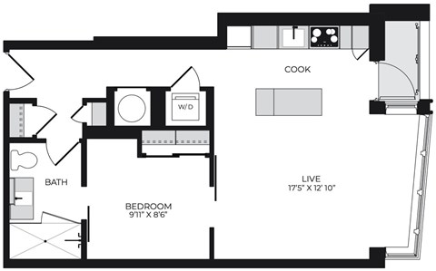 Floor plan for 1 bed, 1 bath, 631 sqft